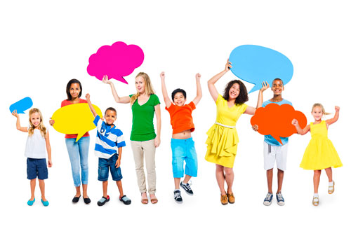 group of mixed-age people holding speech bubbles