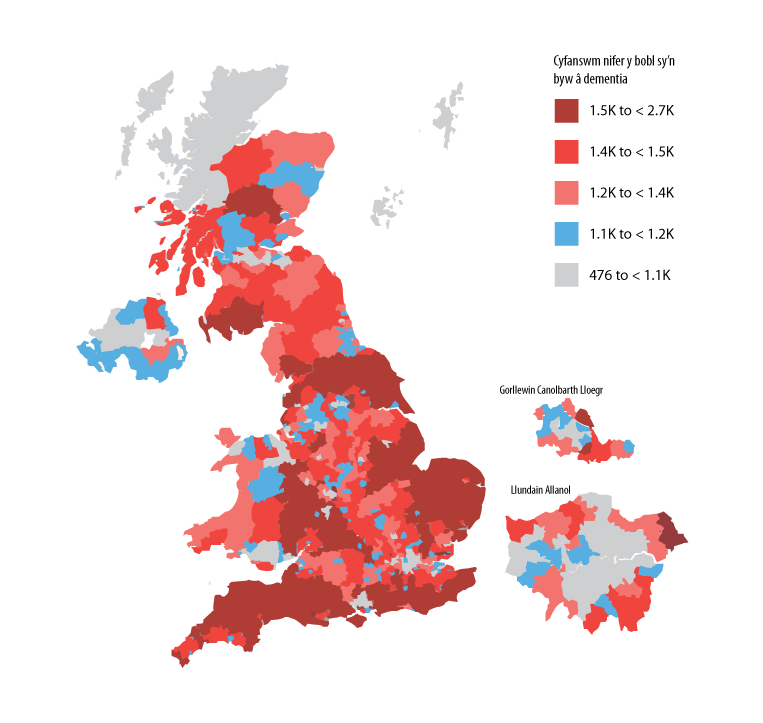 Map showing the total number of people living with dementia in the UK