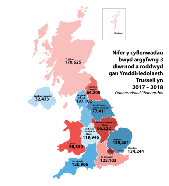 Map showing number of three-day emergency food supplies given by Trussell Trust foodbanks in 2017-2018