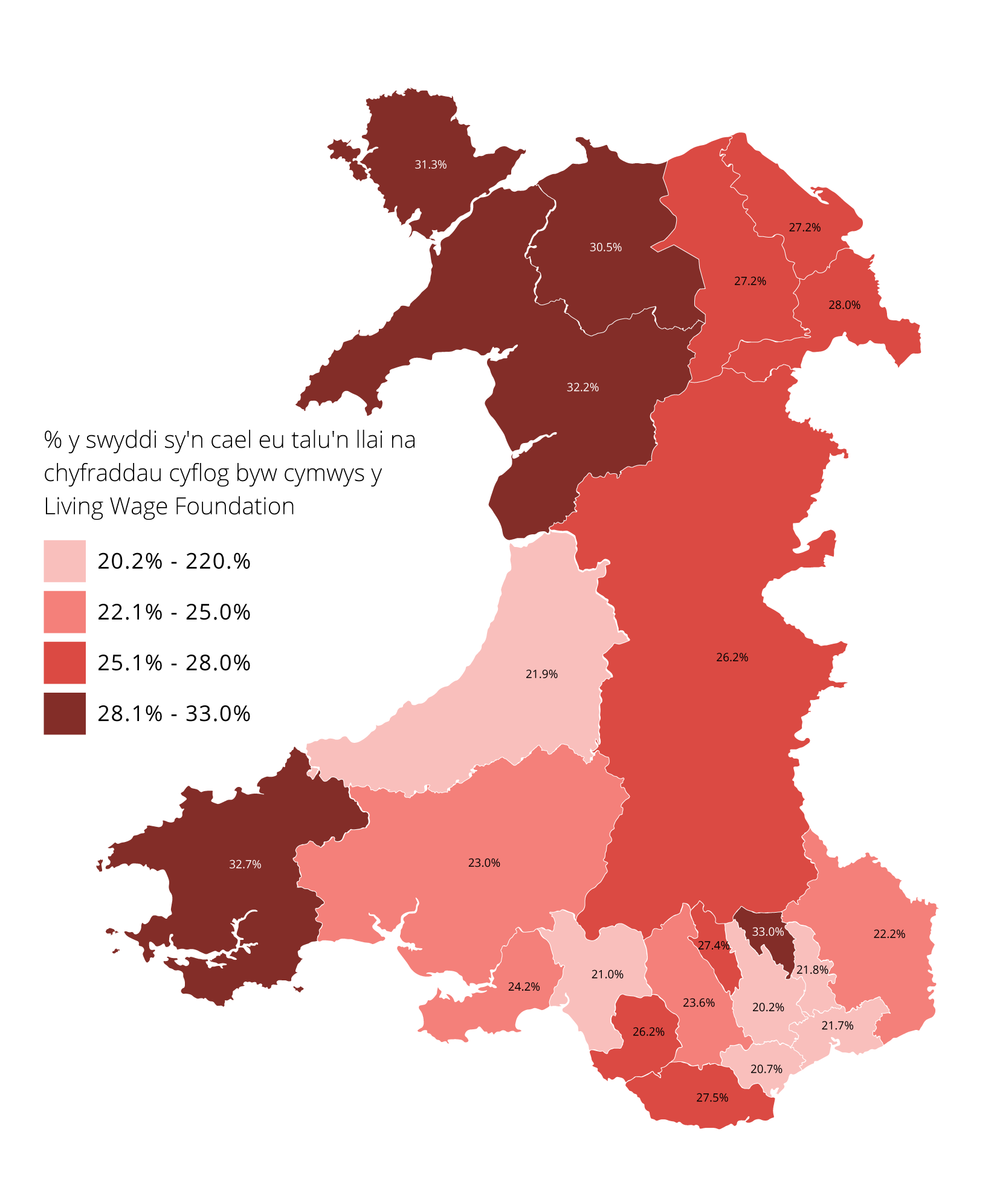 Map showing % of jobs that are paid less than the applicable Living Wage Foundation living wage