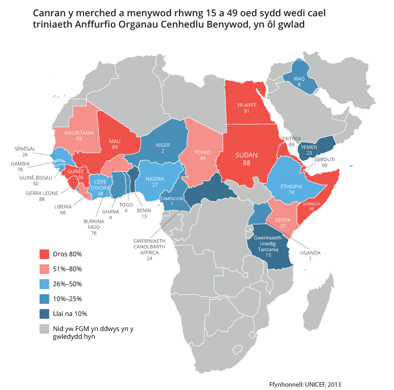 Map showing percentage of girls and women aged 15 to 49 years who have undergone FGM, by country