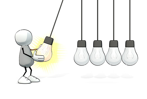 Stick man swinging light bulbs
