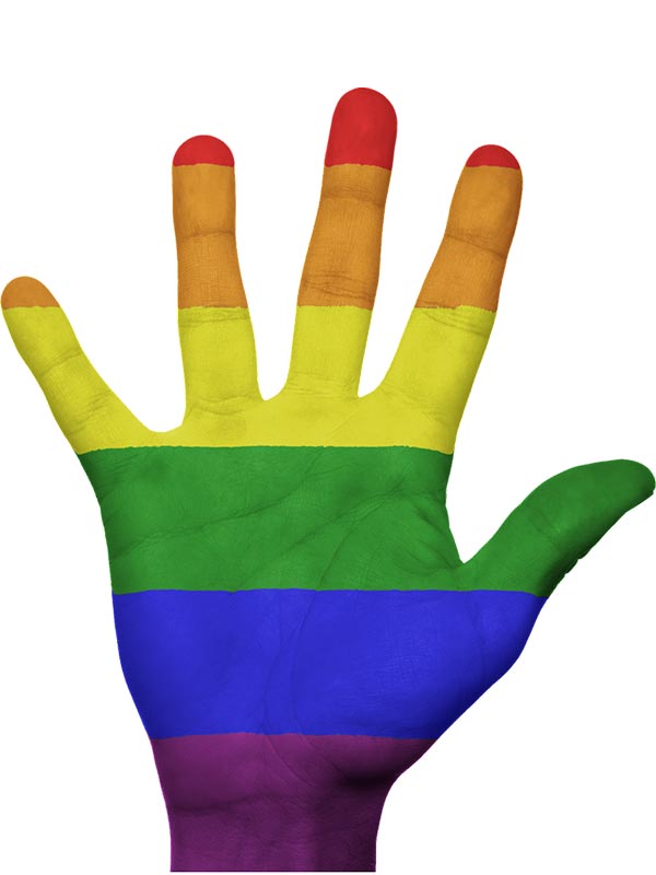 A hand painted in rainbow colours