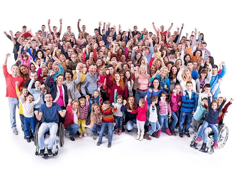 A large group  of people cheering